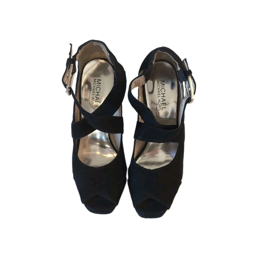 Michael Kors Black Suede Strappy Peep Toe Ankle Strap Block Heels Sz 7M - Picture 2 of 9